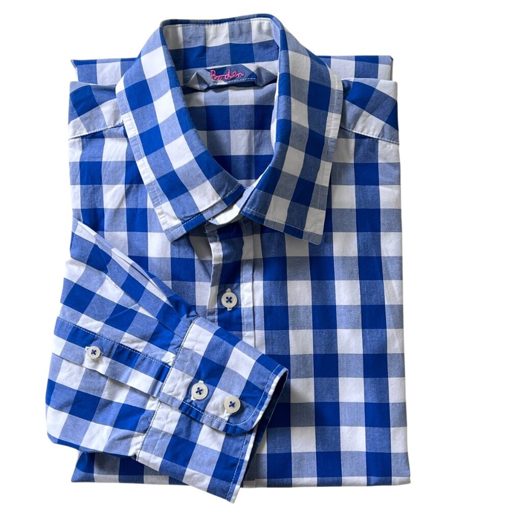 Boden Poplin Blue White Gingham Check Button Up Long Sleeve Cotton Preppy Men16"